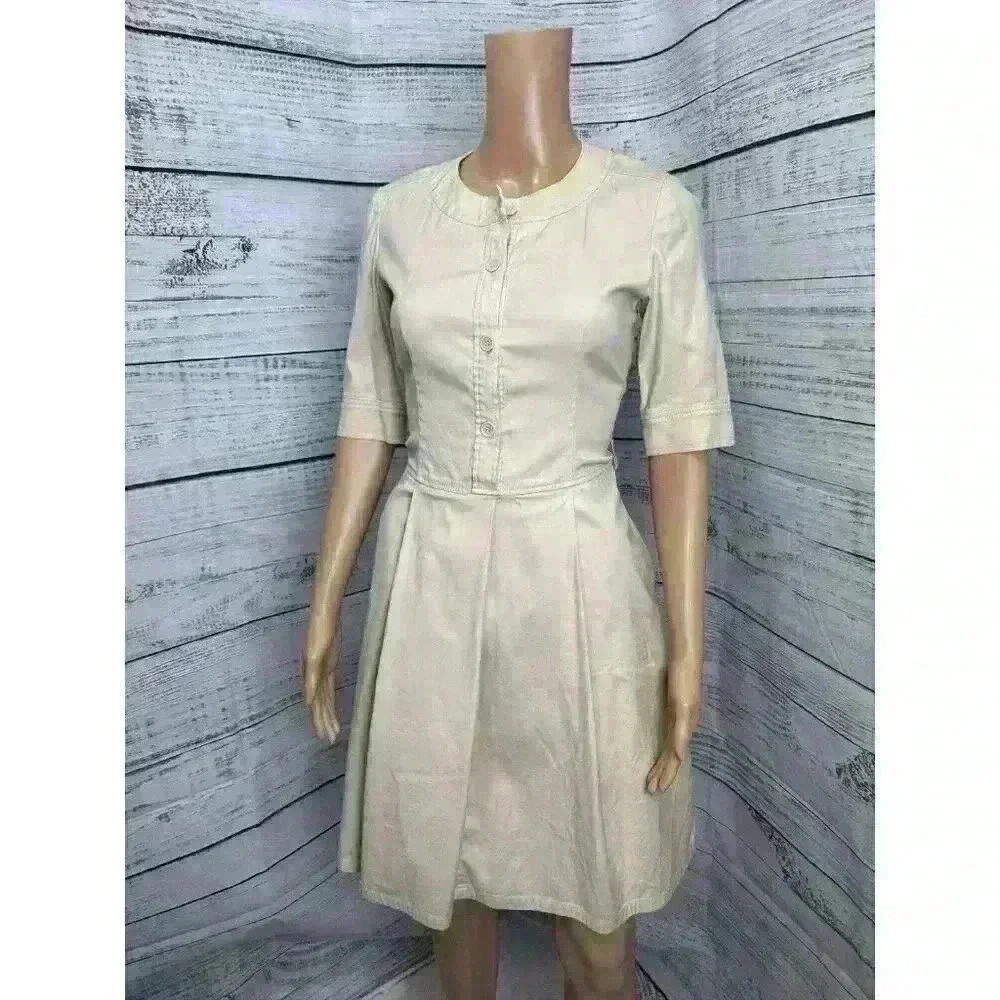 Talbots Button Front Shirt Cargo Utility Dress Back‎ Zip 3/4 Sleeve Tan Size 2